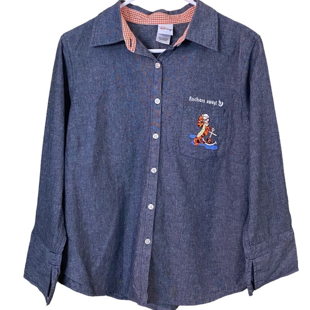 Disney Anchors Away Tigger Button Down Chambray Shirt Size Large